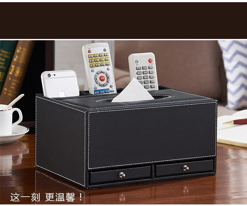 boîte rangement simili cuir noir multifonctionnelle poignées métalliques téléphone télécommandes