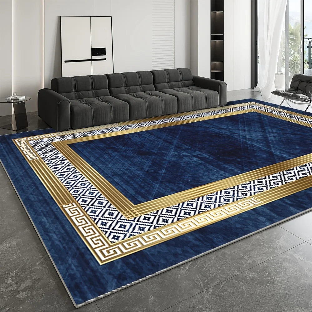 tapis laine bleu marine géométrique bordure dorée moderne salon chambre