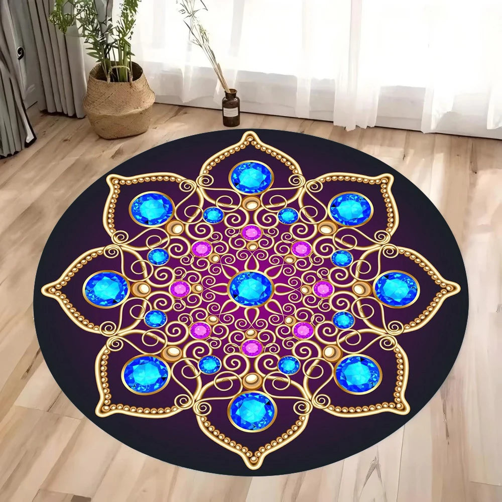 tapis rond mandala motif géométrique boho ethnique décoration salon chambre intérieur moderne noir