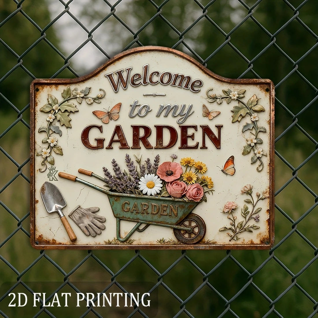 plaque bois décorative jardin fleurs outils vintage rustique bienvenue couleurs pastel