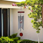 sifflet vent carillon moderne argenté marron tubes métalliques bille rouge crochet suspensionextérieur jardinterrasse artisanal