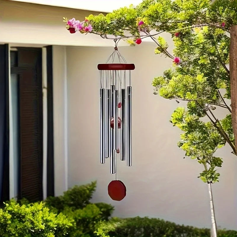 sifflet vent carillon moderne argenté marron tubes métalliques bille rouge crochet suspensionextérieur jardinterrasse artisanal