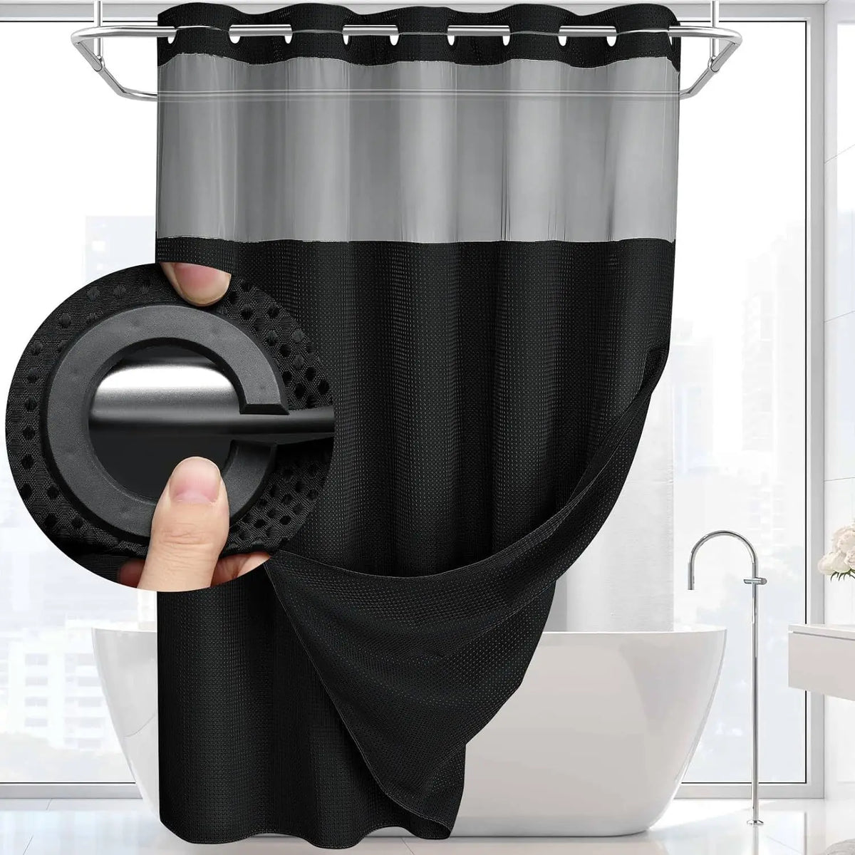 rideau douche moderne double couche gaufre blanc gris bleu vert texture tissée opaque magnets