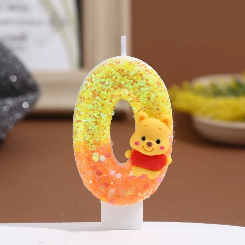 bougies anniversaire chiffre winnie ourson sequins dorés jaune orange blanc