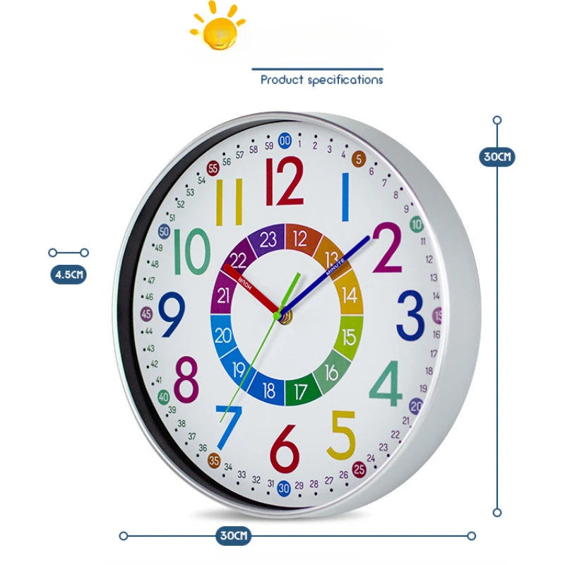 horloge murale moderne enfants chiffres colorés fond blanc cadre argenté silencieuse salon chambre