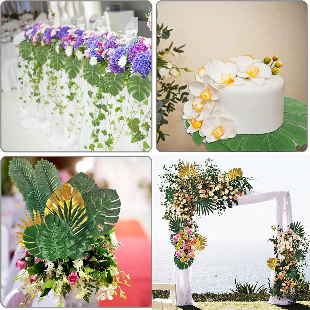 feuilles artificielles tropicales vert doré décoration moderne mariage anniversaire extérieur verte naturelle ludaua hawaïen