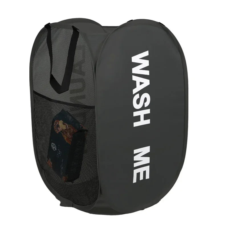 panier linge noir gris moderne réutilisable polyestère wwash me laundary imprime poignées multifonction salle