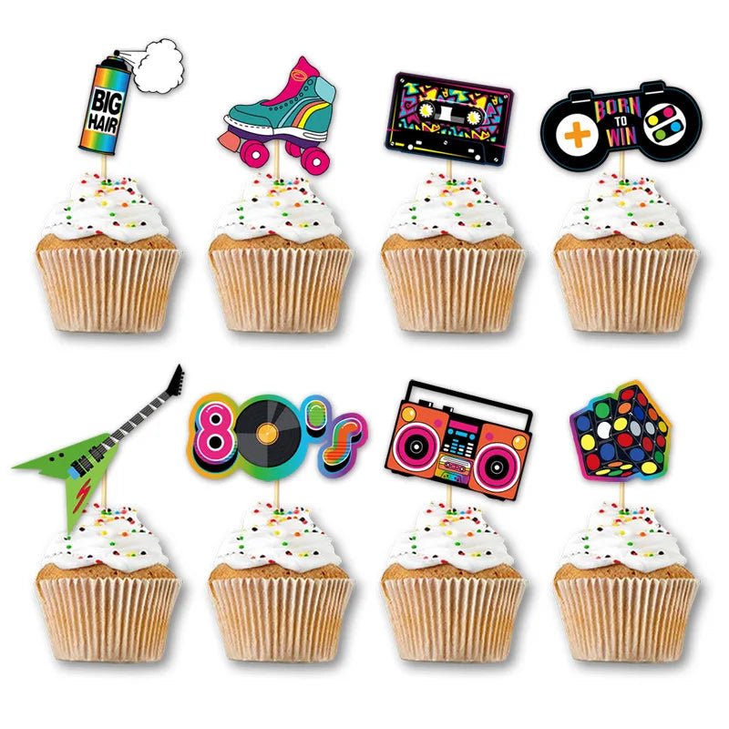 décorations cupcakes années 80 90 rubik cube guitare patins cassette téléviseur cœur vintage