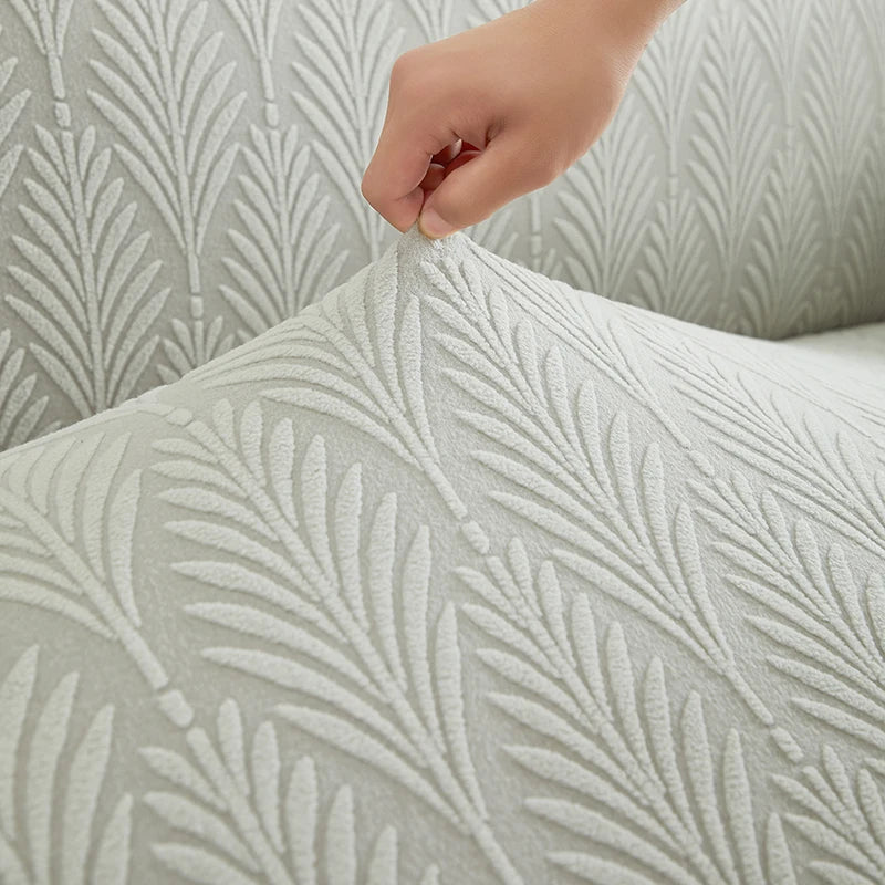 housse canapé gris clair jacquard motif feuilles stylisées élastique protection banc