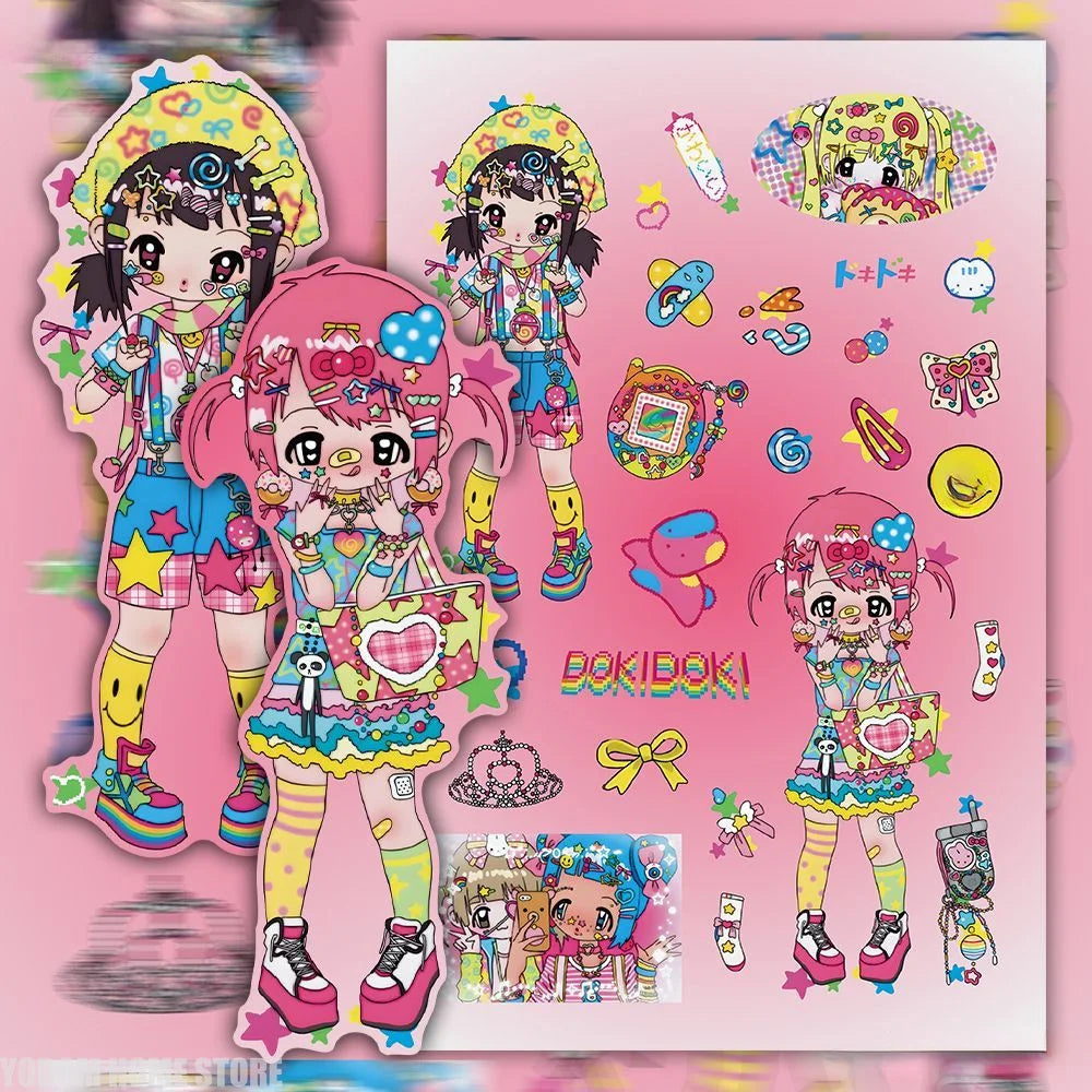 sticker autocollant rose personnages animés coeurs étoiles fruits opacité illustration cartoon multicolore
