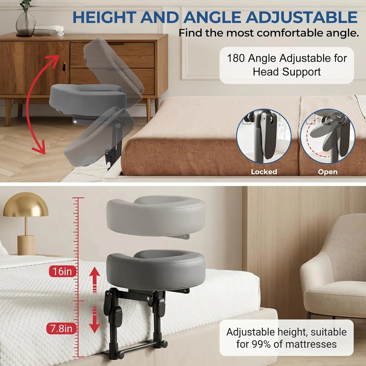 coussin tête massage mousse mémoire forme support métallique réglable matelas gris noir facial intégré