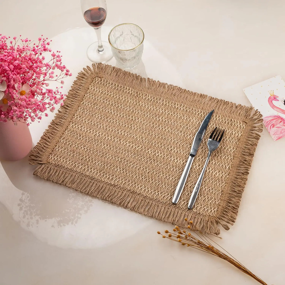 Sets table rectangulaires tressés bohèmes beige marron vert olive franges rustiques naturels