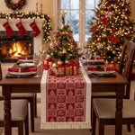 table noël chemin rouge motifs rennes sapins étoiles traditionnel festif coton polyester