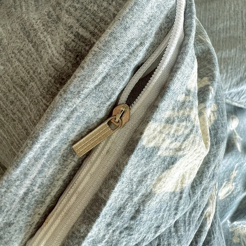 ensemble literie coton lin bleu gris motifs floraux drap plat taies oreillers vintage douillet