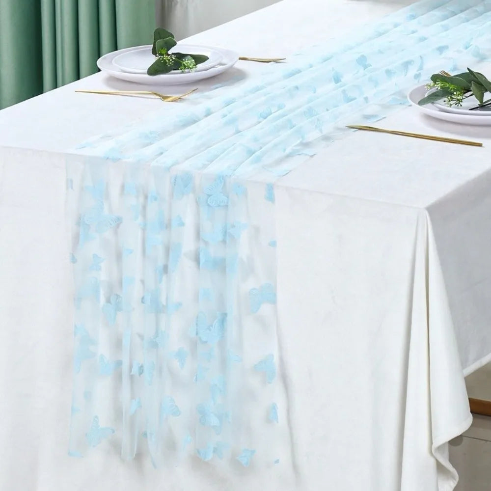 nappe décorative transparente papillons brodés bleu violet rose restaurant mariage fête festive