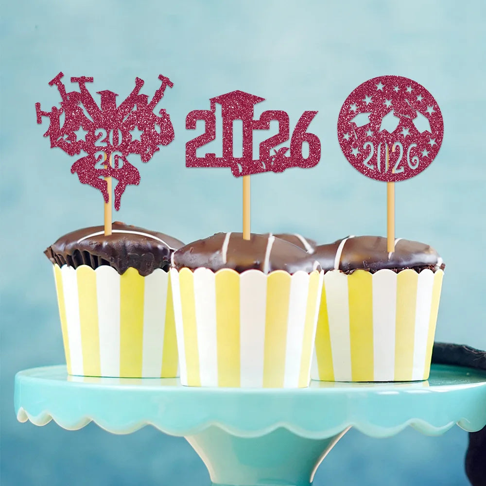 décorations cupcakes glitter or rose bleu rouge graduation 2026 ruban diplôme chapeau