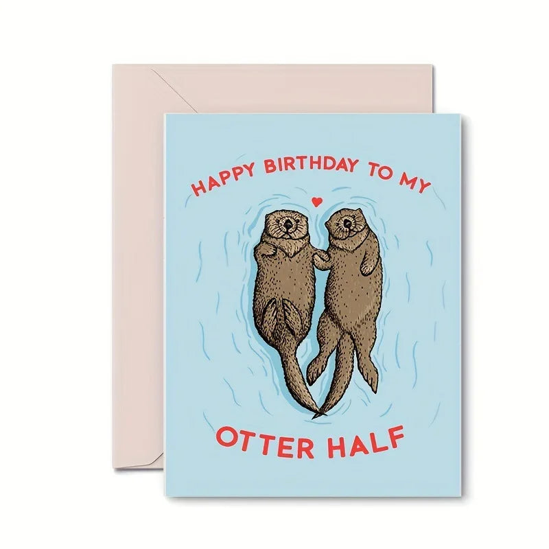 carte anniversaire otters bleu clair texte amusant papier épais cartonné enveloppe rose occasion festive