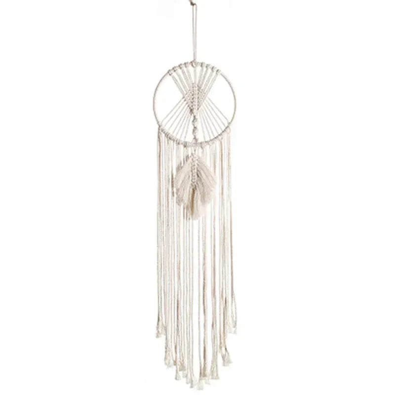tapisserie murale macramé dreamcatcher blanc plumes franges boho artisanal chambre enfant decoration