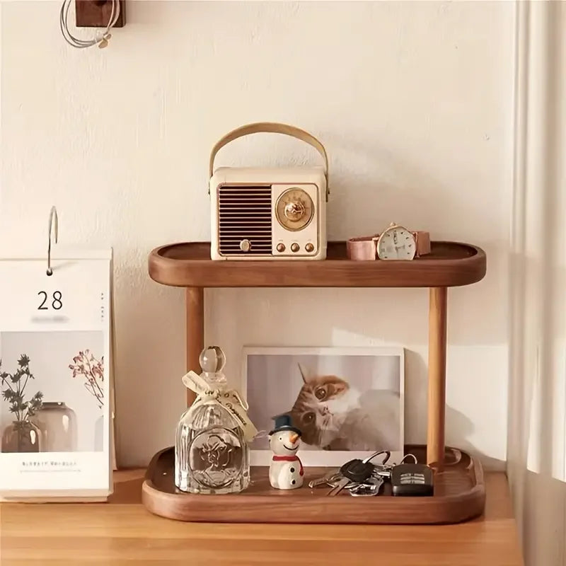 étagère deux niveaux bois naturel rangement cosmétiques maquillage accessoires organisation meuble moderne minimaliste