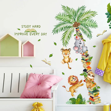 sticker mural cartoon animaux arbres feuilles adhésif intérieur enfant décoration vert beige gris jaune