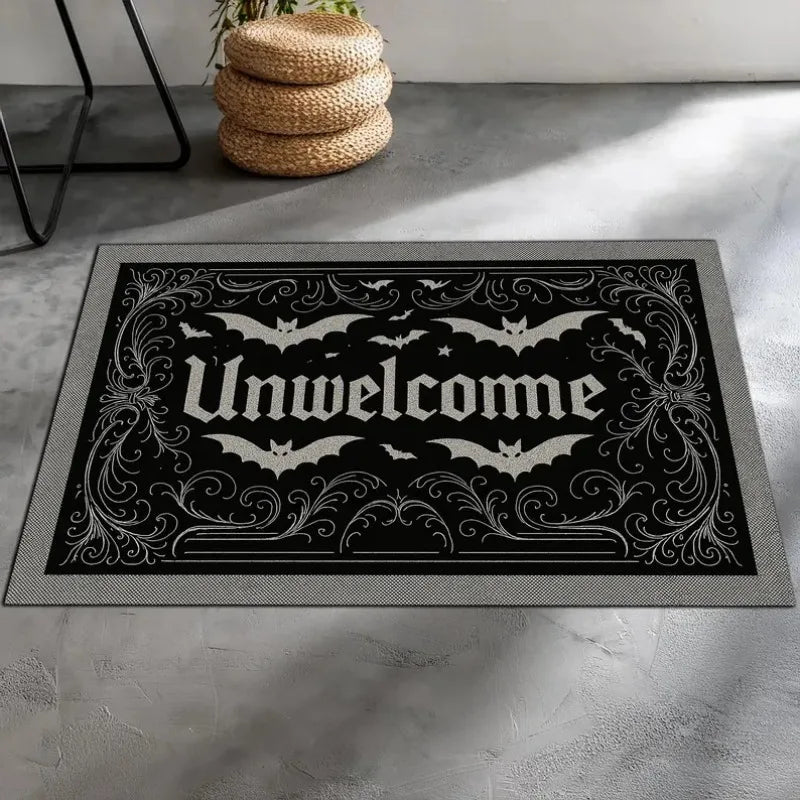 tapis d'entrée halloween chauves souris citrouille trick or treat noir blanc orange