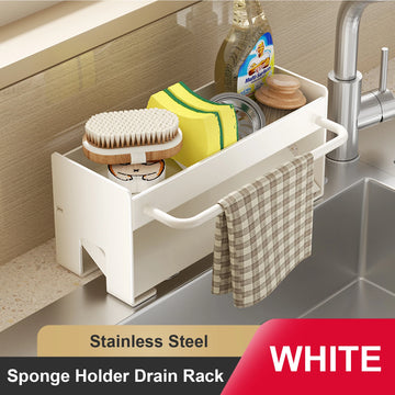 rangement évier suspendu moderne brosses éponges savon serviette cosmétiques minimaliste argenté blanc