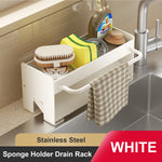 rangement évier suspendu moderne brosses éponges savon serviette cosmétiques minimaliste argenté blanc