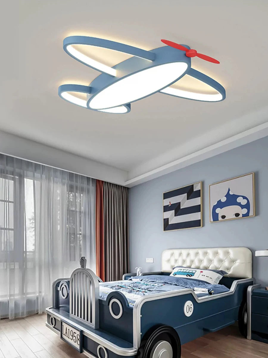 lampe avion enfant bleu blanc rouge détails télécommande moderne éclairage quotidien contemporain