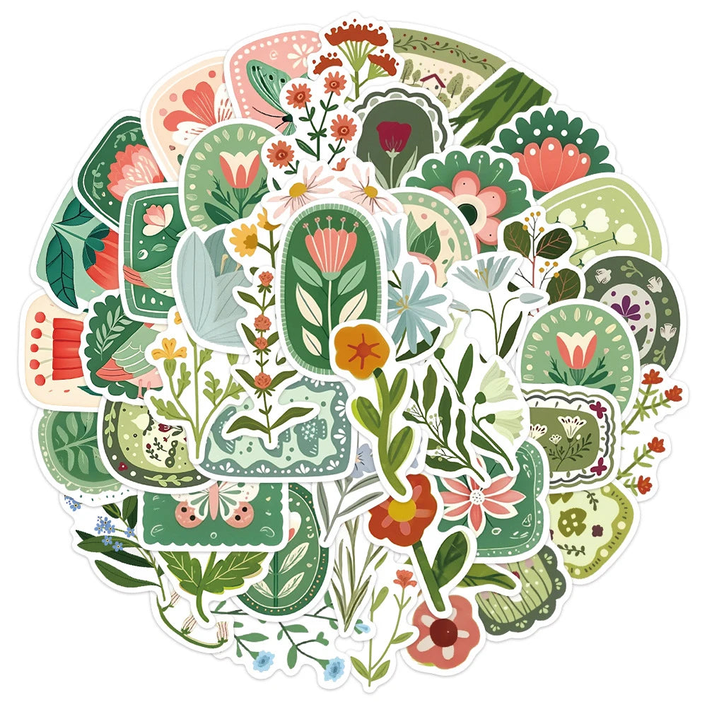 sticker rétro fleurs vertes papillons feuilles géométrique scrapbooking journal bagages illustration adhesive