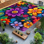 tapis sol multicolore fleurs modernes pop art ruban fixation 150x150cm 185x185cm 240x185cm