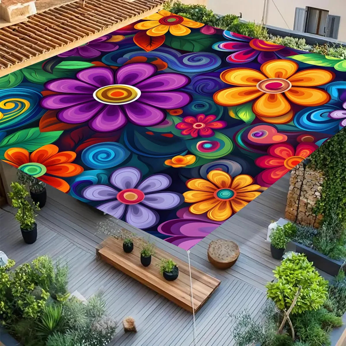 tapis sol multicolore fleurs modernes pop art ruban fixation 150x150cm 185x185cm 240x185cm