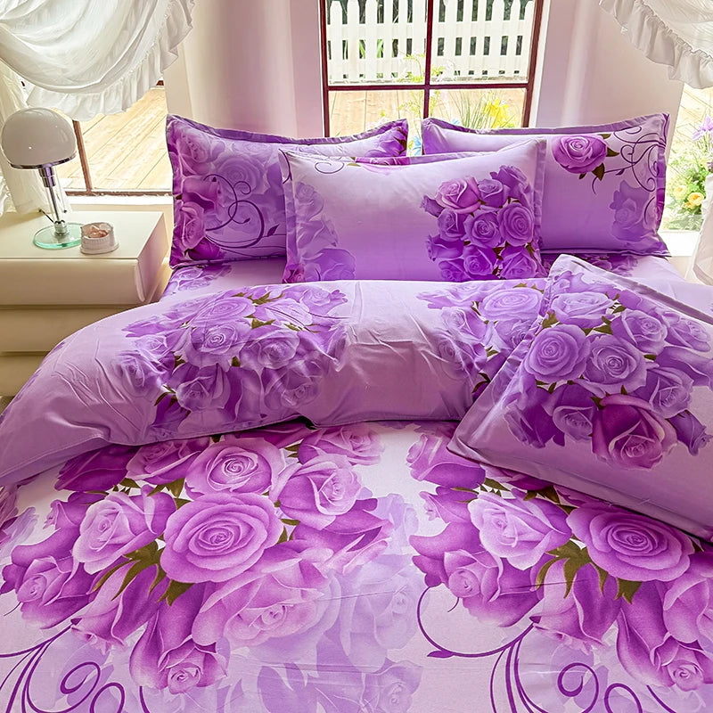 ensemble literie violet clair roses imprimées housse couette taies d'oreiller zippées moderne lit 150x200cm