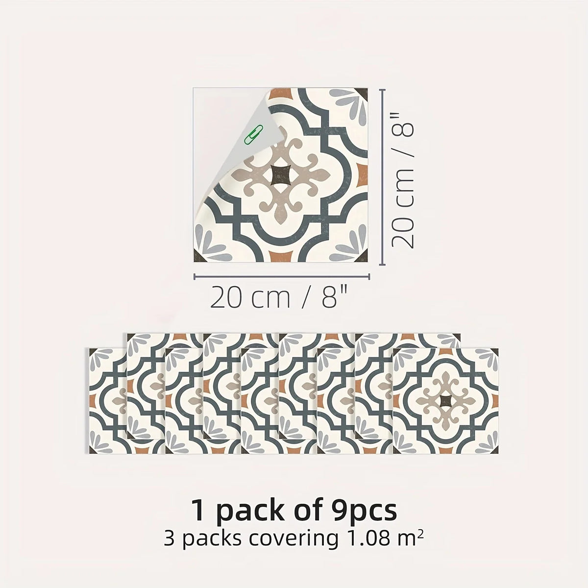 autocollants carrelage geometrique floral classique vintage blanc gris marron noir 20x20cm 9pièces