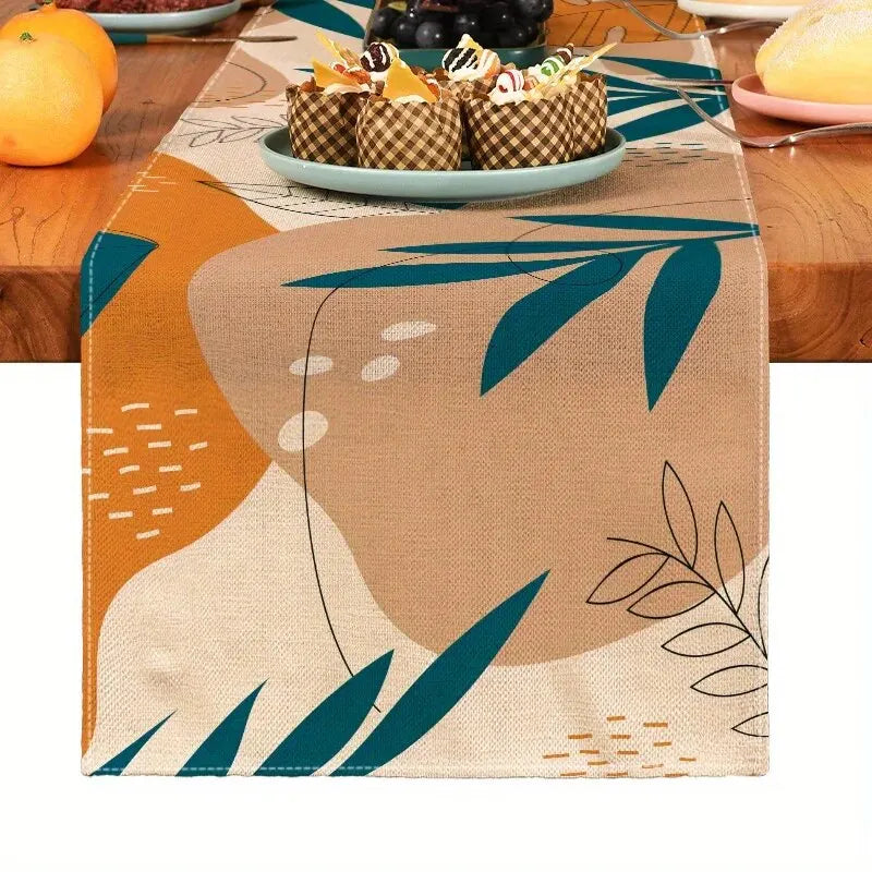 nappe table motif floral abstraite moderne bohème lin couleur beige orange marron vert noir