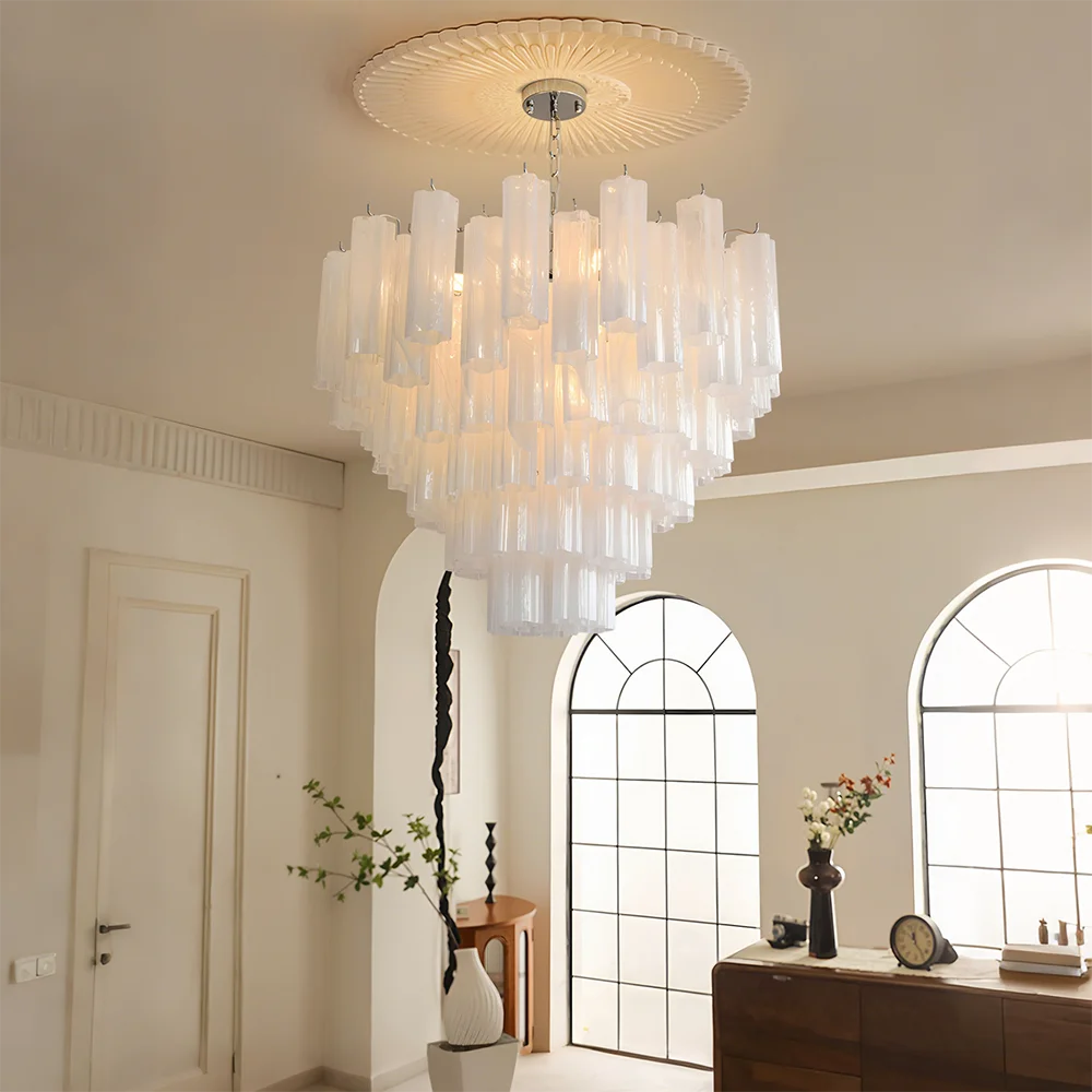 Suspension lumineuse moderne verre strié blanc rose vert neutre lumière chambre salon
