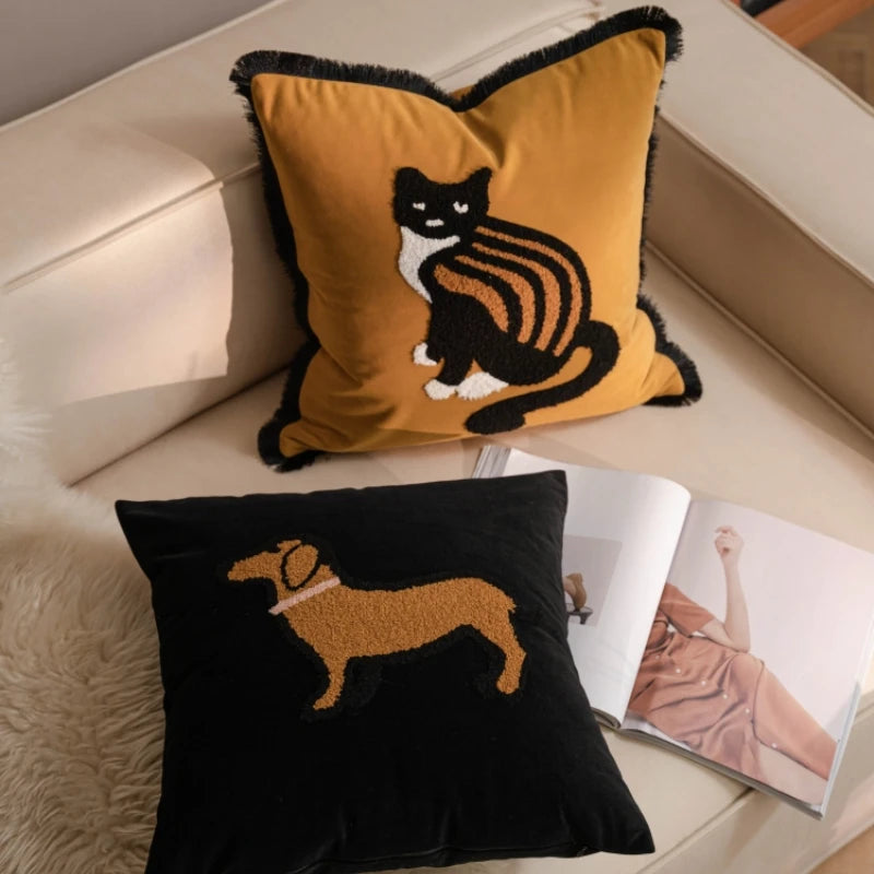 taies d'oreiller brodées chat yeux velours jaune noir modernes décoratives lit voiture 45x45