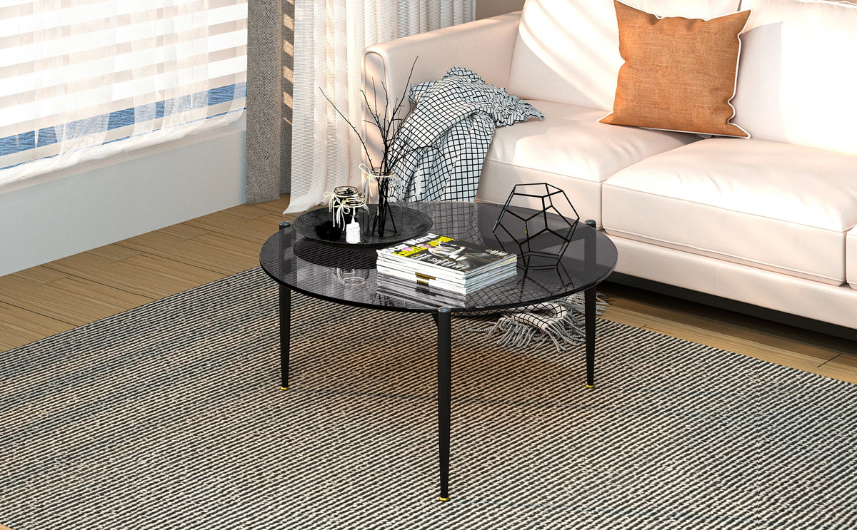 table basse moderne verre transparent pieds métalliques marron clair salon