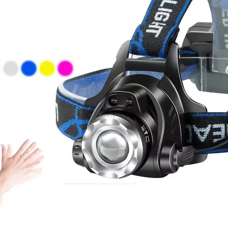 lampe frontale led 30w bleu noir 180deg clip camping pêche