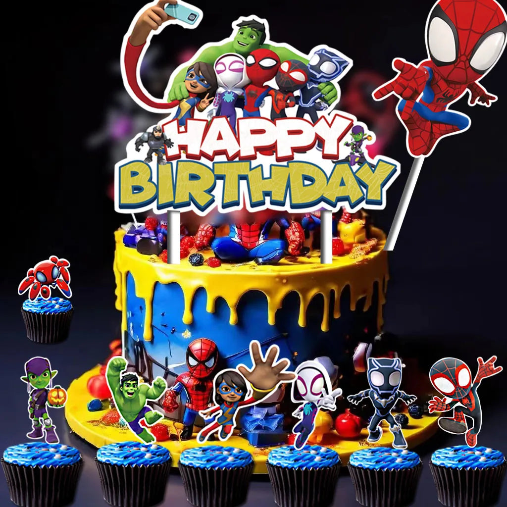 décoration gâteau super héros spider man hulk black panther adhésif anniversaire enfants rouges bleus