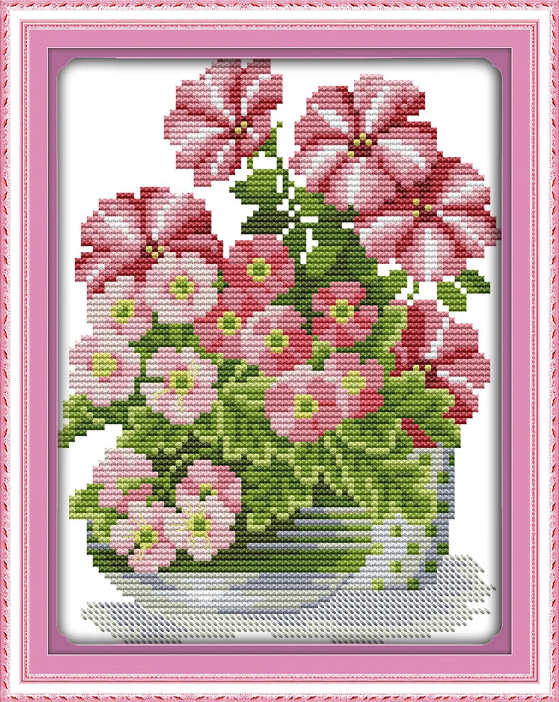 broderie fleurs colorées kit point croix toile coton artisanale fleur feuilles violettes roses orangers