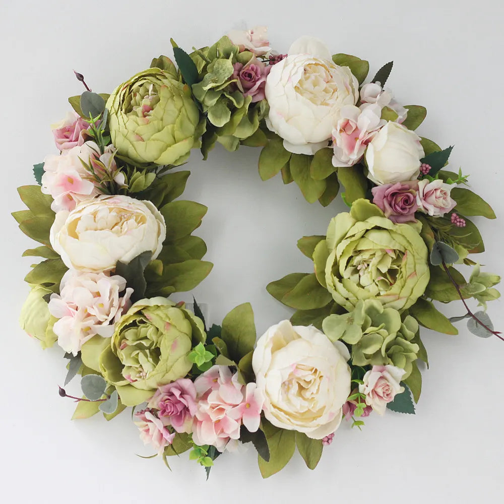 couronne florale vintage rose blanche feuilles vertes fleurs artificielles intérieur mariage table porte