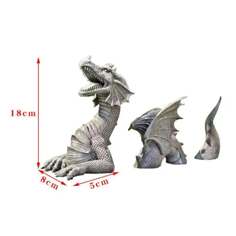 statues dragons résine fantastique gothique patio jardin décor extérieur gris noir éclairé details sculpté