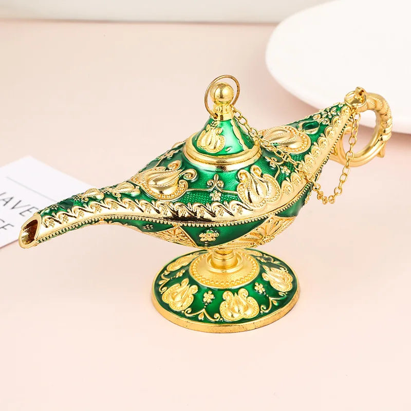 lampe huile artisanale métal ornementée art nouveau chaîne finition dorée violet vert rouge bleu