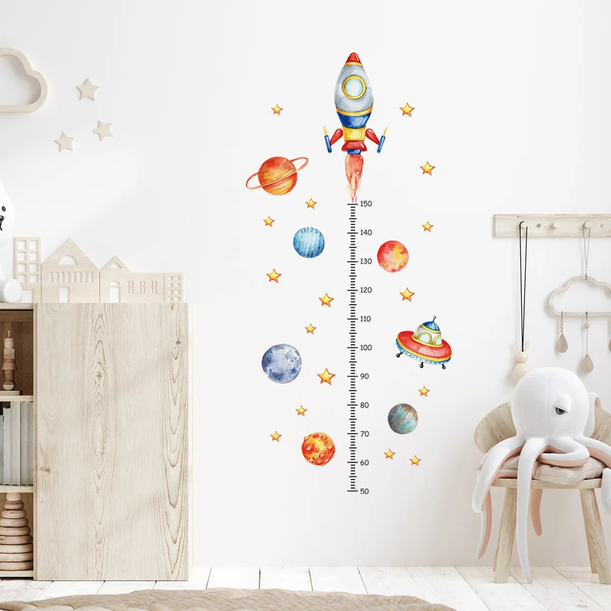 sticker mural spatial fusée planètes étoiles illustration enfant chambre croissance adhésif multicolore opacité