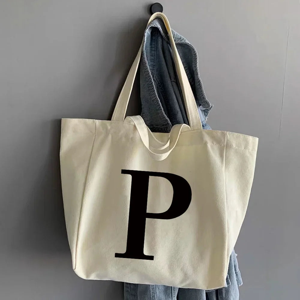 sac main femme toile beige clair lettre noire poignées détachables