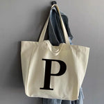 sac main femme toile beige clair lettre noire poignées détachables