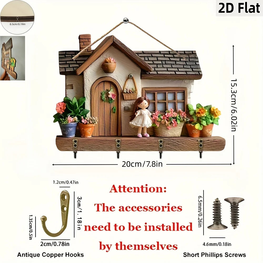 porte clés maisonnette imitation bois fleurs figurines poupée pots plantes panier suspendu crochets métalliques