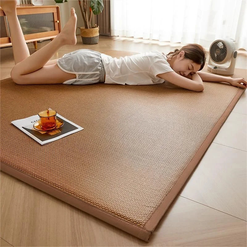 tapis solide rectangle fibre bambou couleur beige bordure marron moderne minimaliste lavage main