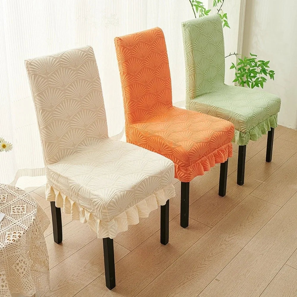 Housse chaise moderne feuilles stylisées beige orange vert bleu foncé gris bleu clair polyester