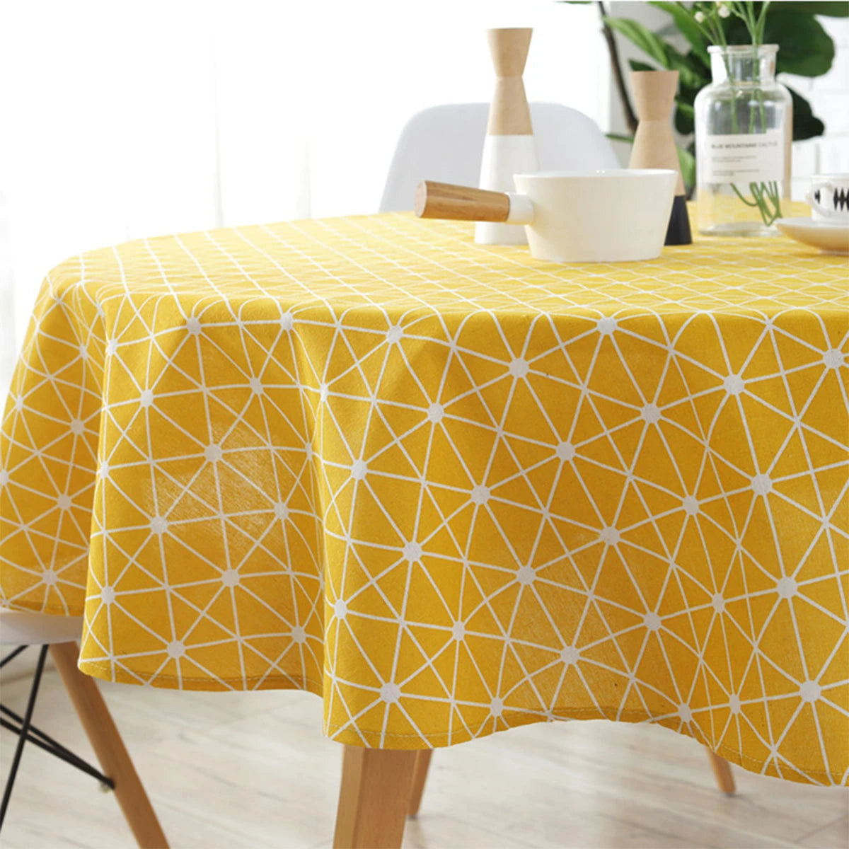 nappe ronde lin géométrique jaune blanc moderne table dîner mariage fête